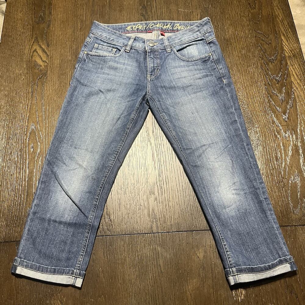 Esprit Casual Denim Jeans Womens Cuffed Capri Medium Wash Faded Stretch SIZE 28